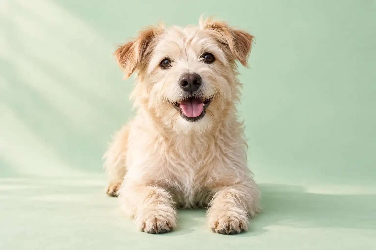 A cheerful terrier resting against a mint backdrop