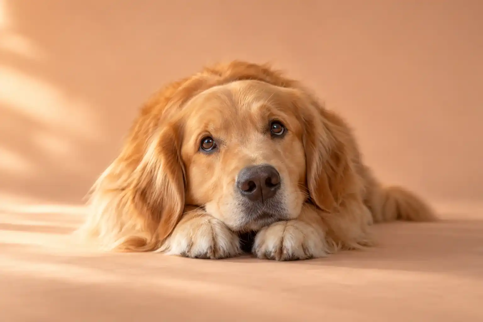 A golden retriever resting its chin on its paws