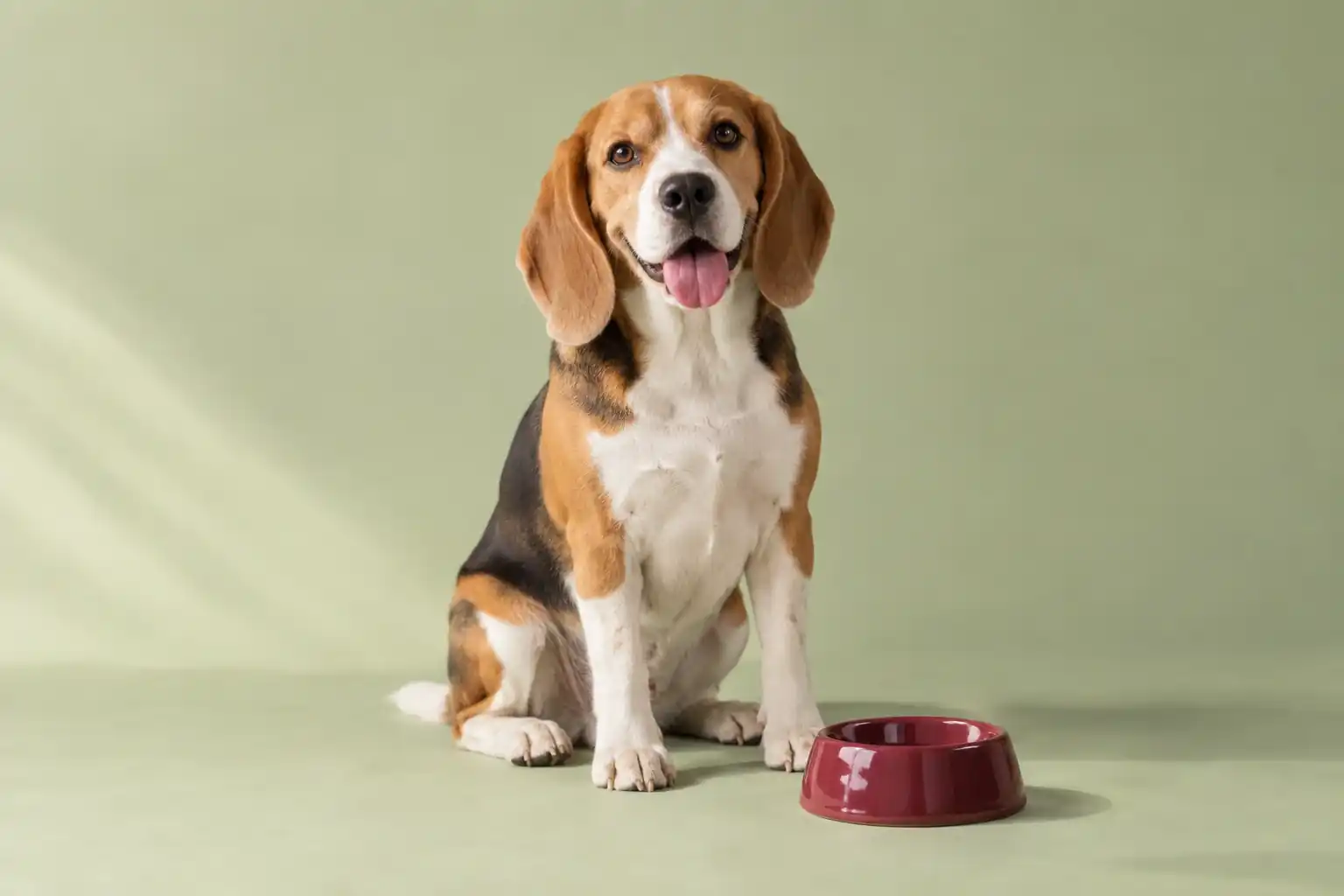 A dog beside its bowl at mealtime