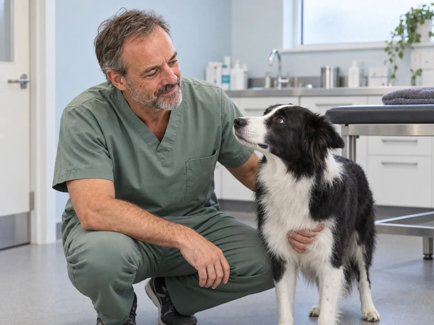 Michael, veterinarian and founder of Sunny Wags, with a dog in a consultation room