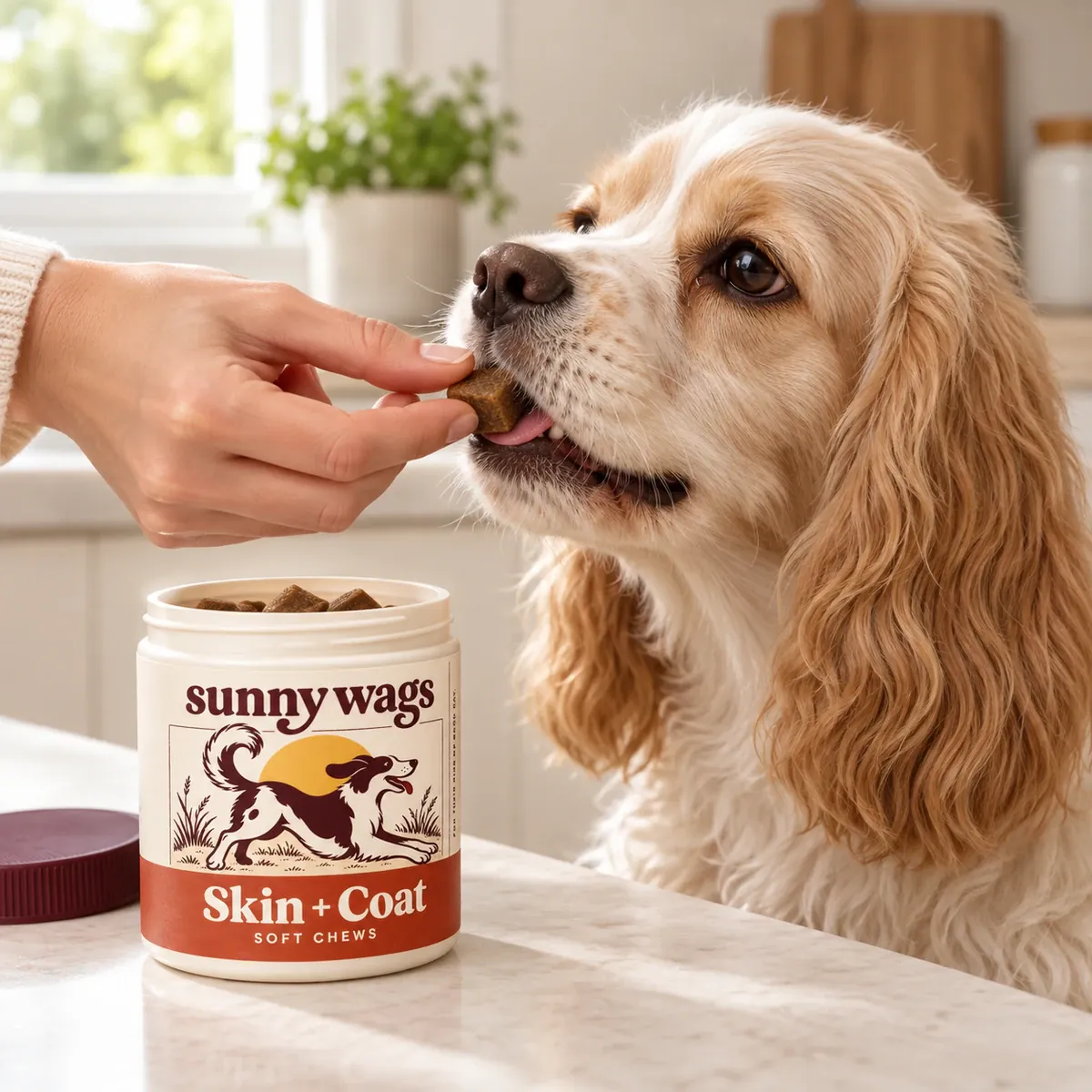 A dog gently takes a Skin + Coat soft chew from a hand.