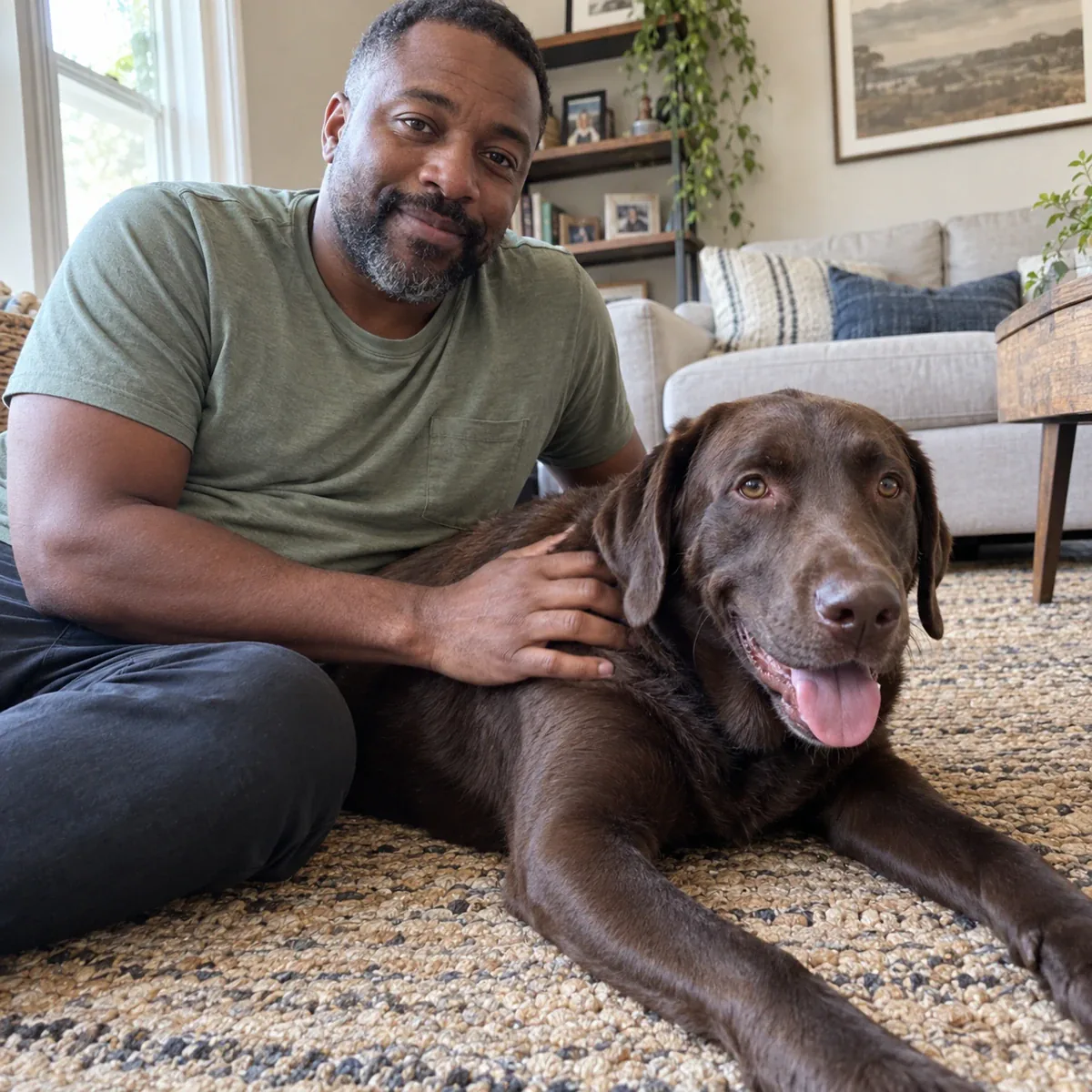 A dog parent stroking a Labrador’s coat.