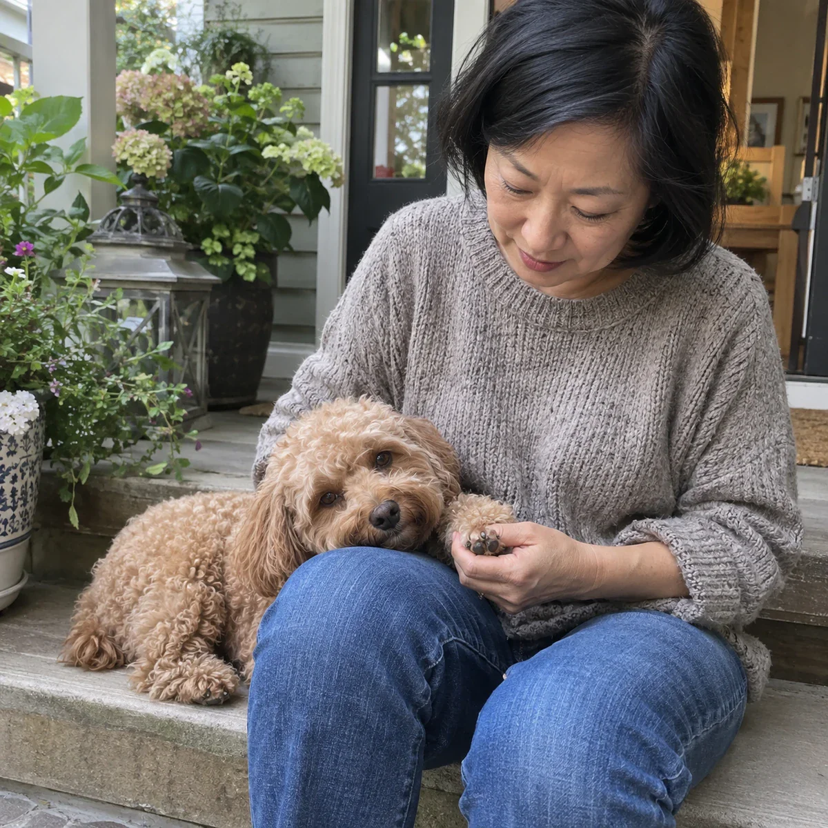 A dog parent gently checking her dog’s paw.