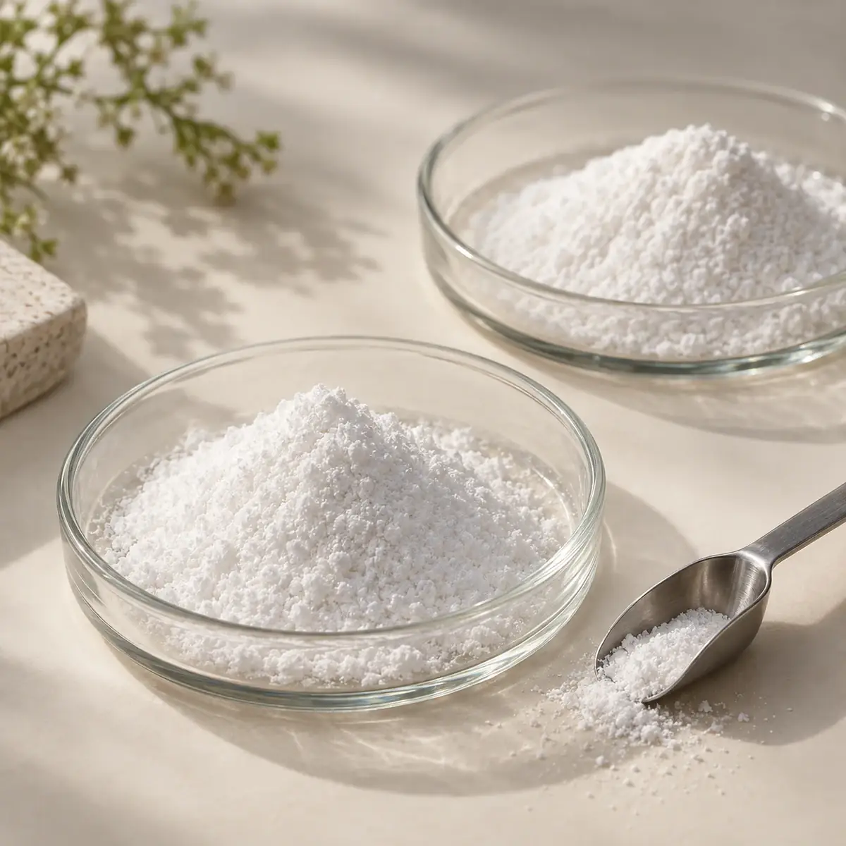 Fine white biotin and zinc powders in laboratory dishes.