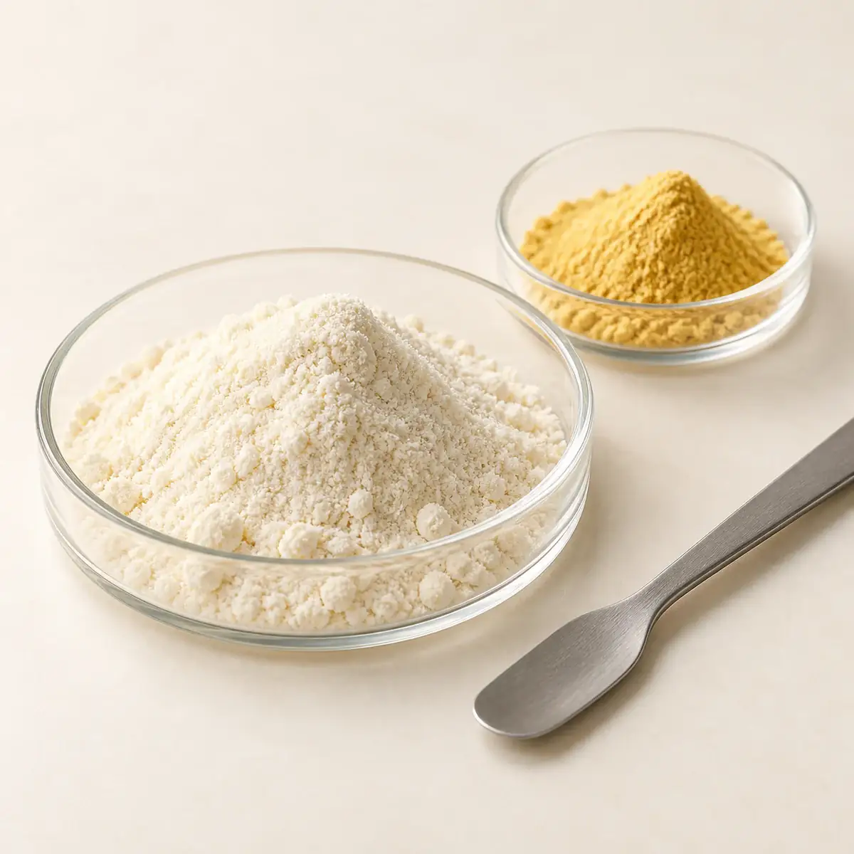 Colostrum and quercetin powders in glass dishes.