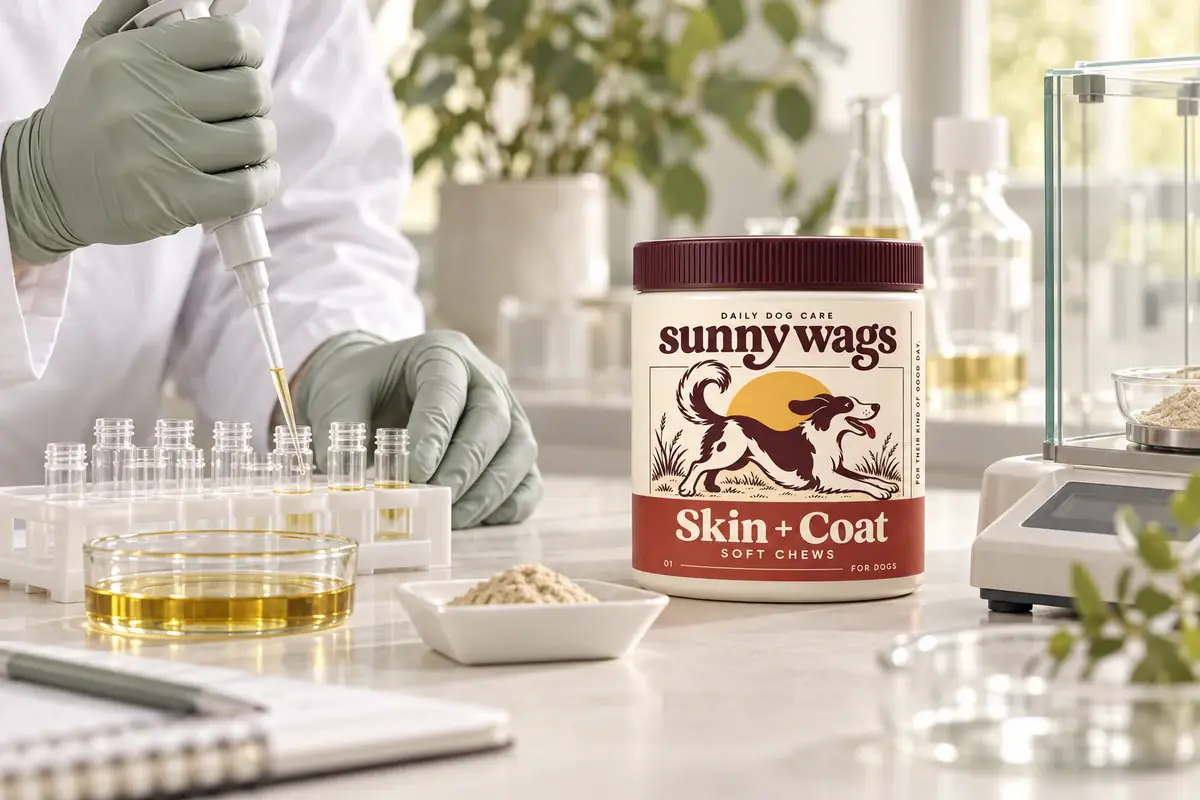 Formulation work at a laboratory bench with ingredient samples and Skin + Coat.