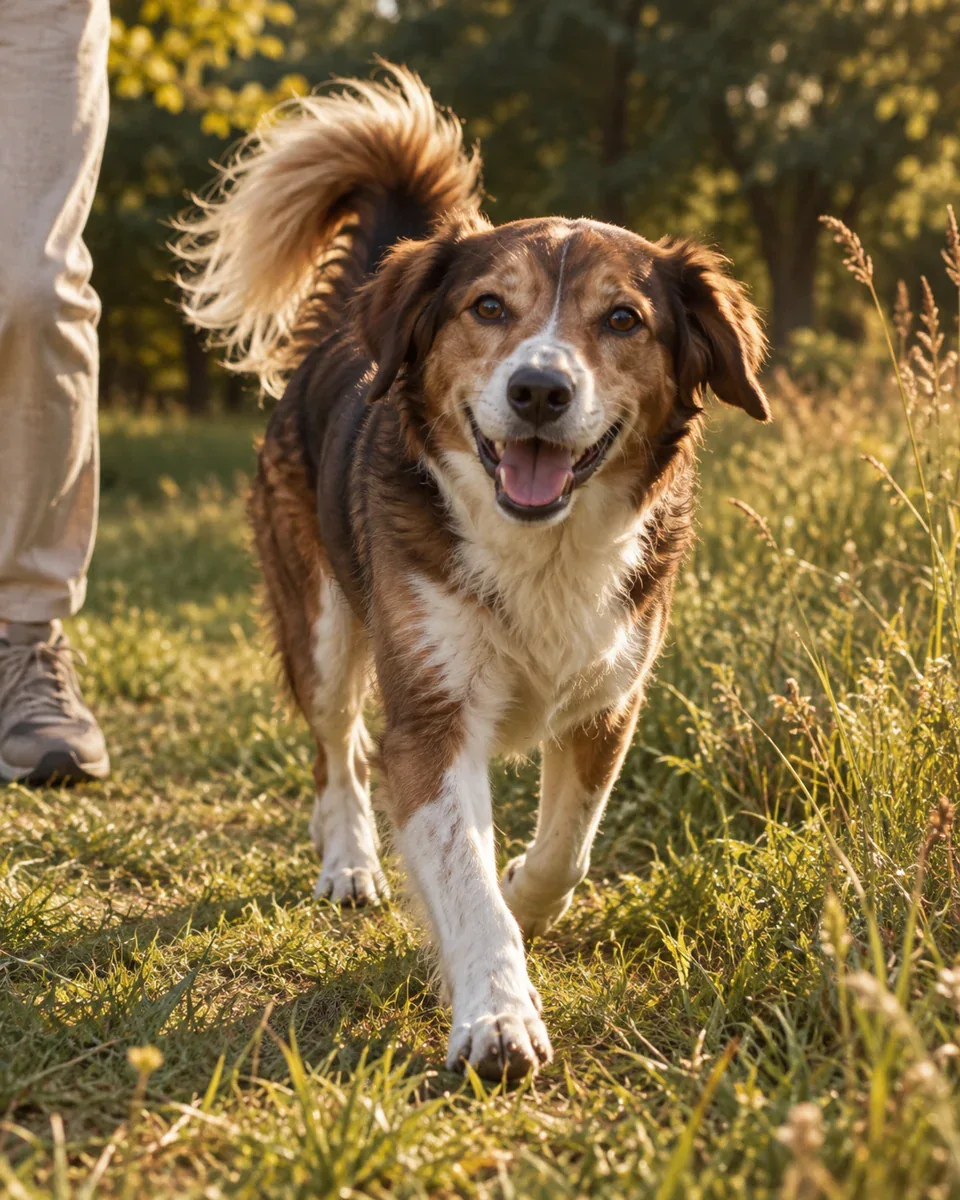 A happy dog walking beside its person in the sunshine