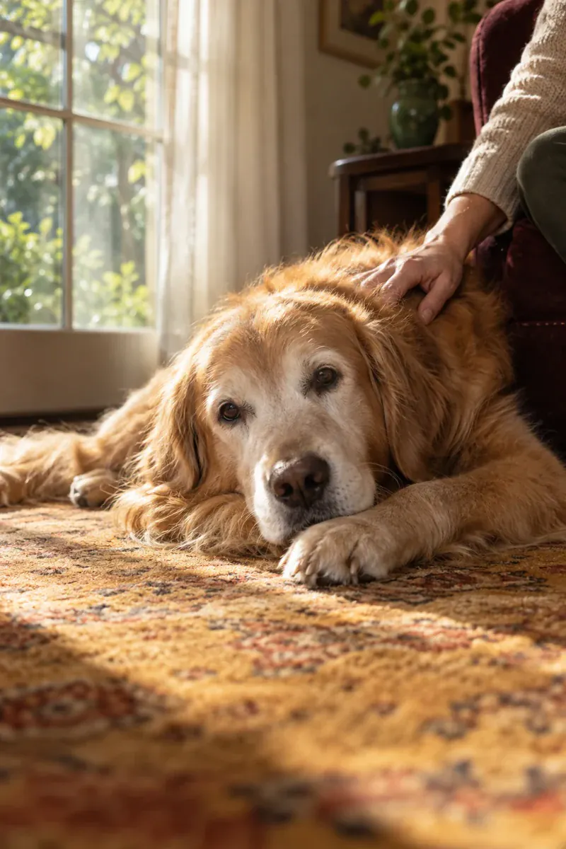 A dog resting beside its person in a sunny room