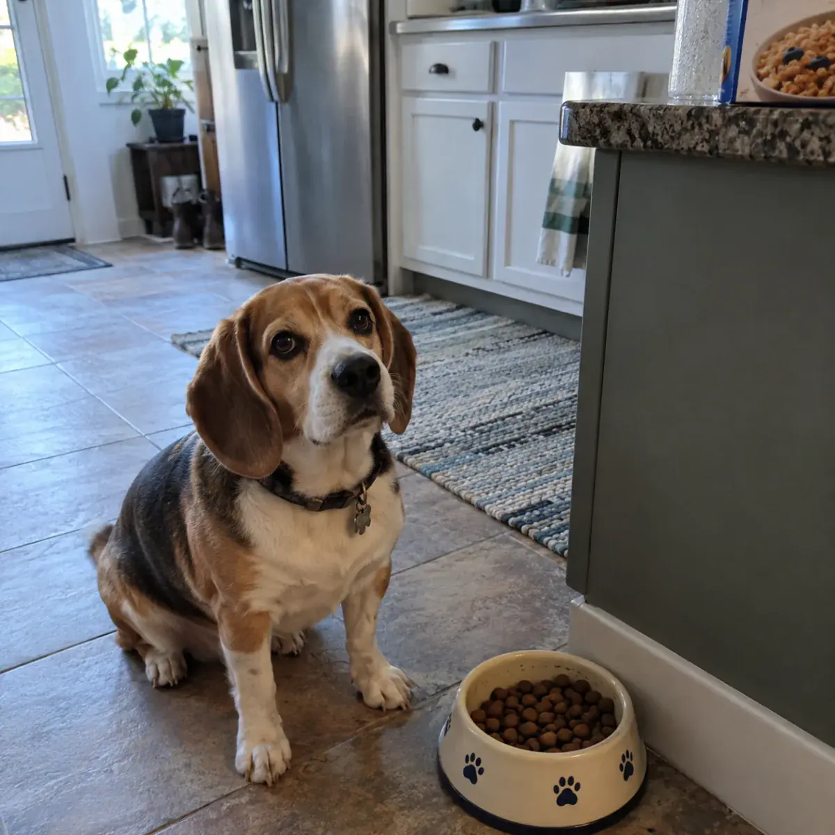 a slightly off-center phone snapshot of a tricolor beagle waiting beside its ceramic bowl in a lived-in kitchen, cereal box partly cropped out, cool morning light