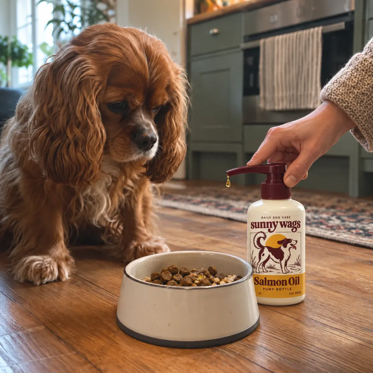 A cocker spaniel beside its food bowl while an owner presses the burgundy pump of Sunny Wags Salmon Oil.